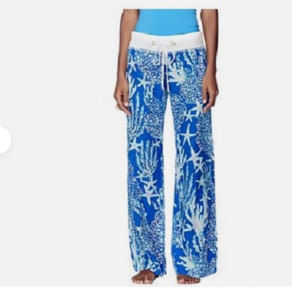 Lilly Pulitzer Beach Linen Pant Pants Brewster Blue GOOD REEF Star Fish White XS